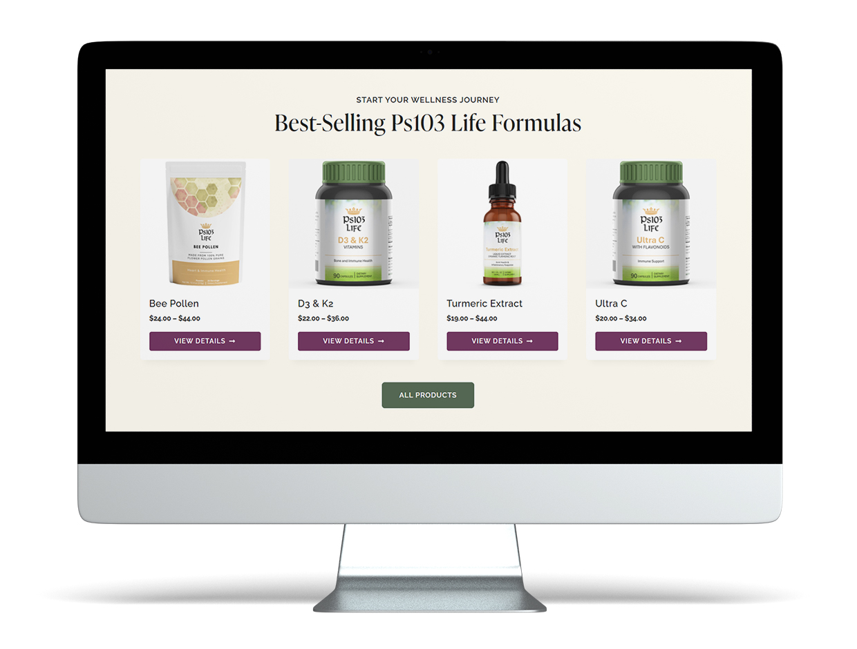 Ps103 Life best-selling supplements displayed on iMac